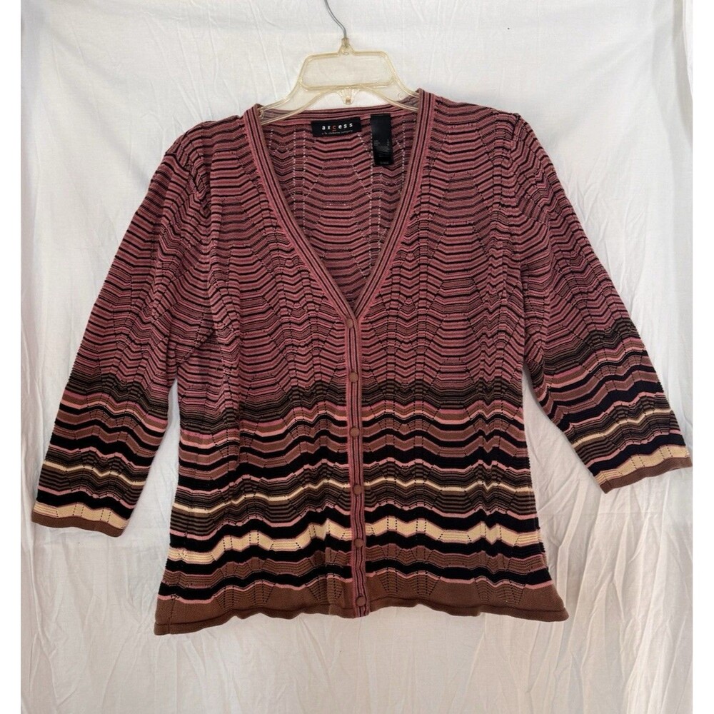 Axcess Women’s Brown Cotton Sweater Button Up Size L 3/4 Sleeve